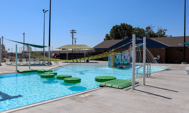 Inground Pool with Green Lilly Pads, a Yellow Net, and a Pool House in the Background